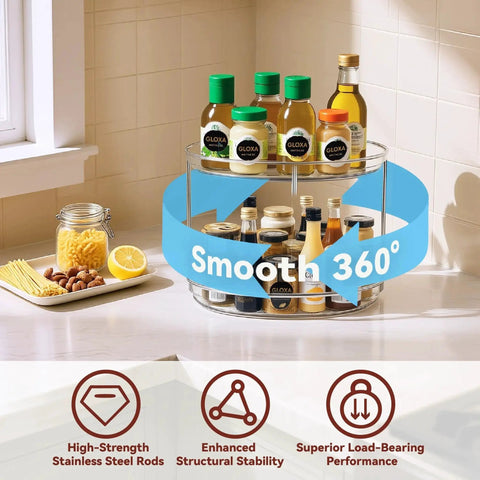2 Tier Lazy Susan Turntable Organizer For Cabinets And Pantries with bottles, 9.25 inch rotating spice rack on kitchen countertop