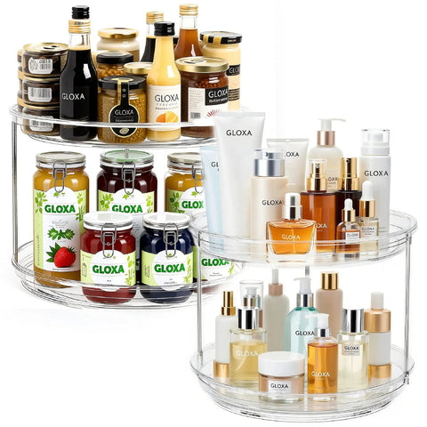2 Tier Lazy Susan Turntable Organizer For Cabinets And Pantries with jars and bottles, 9.25 inch rotating spice rack for storage