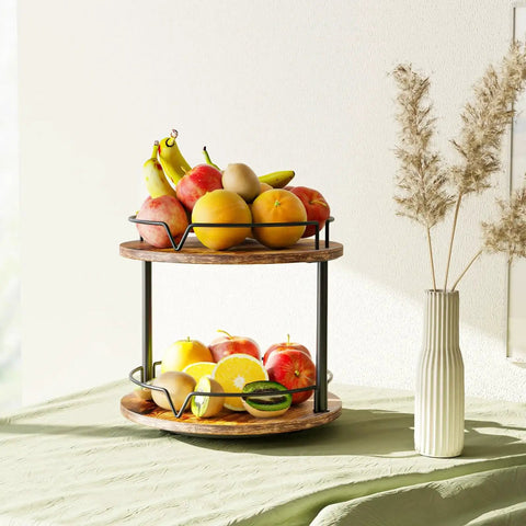 12 Inch Wood Lazy Susan Two Tier Rotating Spice Rack Turntable Organizer with fruits, rustic brown, on kitchen table