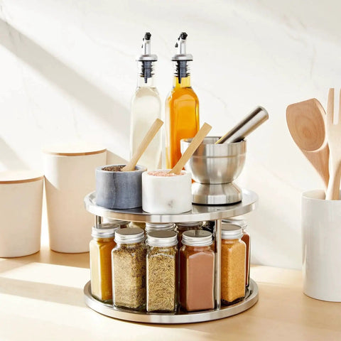 2-Tier Lazy Susan Spice Rack Organizer for Cabinet and Pantry, Stainless Steel, 10.5 Inch Diameter, on kitchen counter with spices