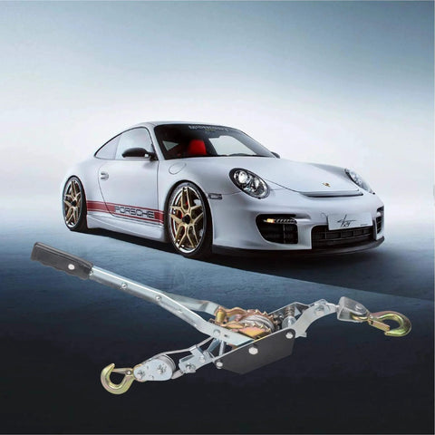 2 Ton Dual Gear Come Along Winch With Steel Cable 5mm 78 Inch Length 2 Hook Hand Puller in front of a white sports car