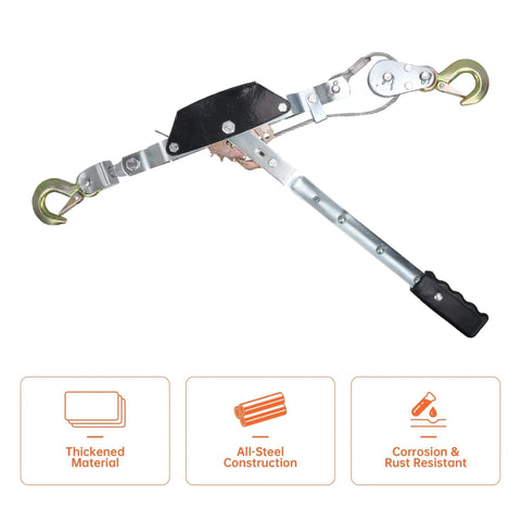 2 Ton Dual Gear Come Along Winch With Steel Cable 5mm 78 Inch Length 2 Hook Hand Puller showing dual hooks and steel construction.