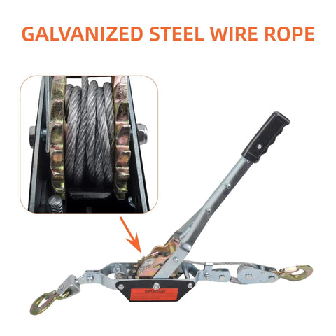 2 Ton Dual Gear Come Along Winch with Steel Cable 5mm 78 Inch Length 2 Hook Hand Puller showing gears and handle