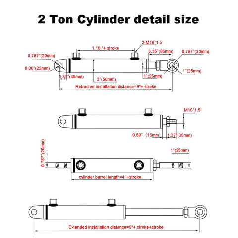 .5x6 Hydraulic Cylinder 2 Ton Double Acting Welded Hydraulic Cylinder 1.5" Bore x 6" Stroke with 3/8" JIC size diagram