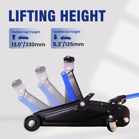 Heavy Duty 2 Ton Low Profile Floor Jack With Wheels For Quick Lifts And Stable Support showing lifting range from 5.3 to 13 inches