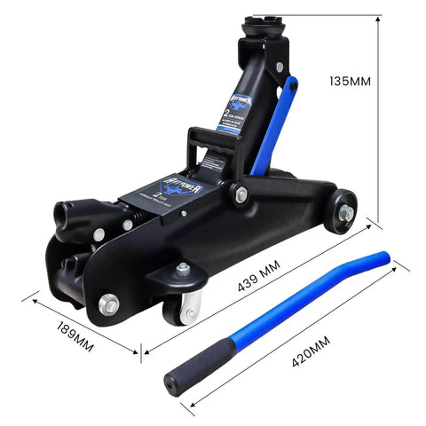 Heavy Duty 2 Ton Low Profile Floor Jack With Wheels For Quick Lifts And Stable Support For Sedans SUVs And Light Trucks With Lifting Range From 5.31 Inches To 13 Inches Including Rubber Saddle And Easy Pump ANTPOWER. Product shown with dimensions and blue handle.