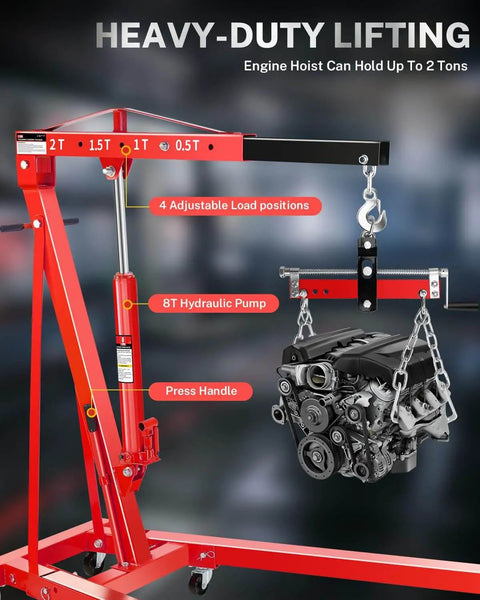 2 Ton Hydraulic Engine Hoist With Lever Folding Cherry Picker 6 Locking Wheels 4 Boom Positions lifting engine in garage