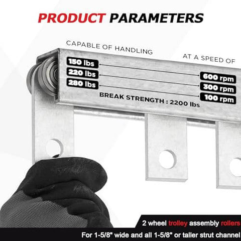 Gloved hand holding 2pcs Bearing Trolley Assembly with 2 Wheel Rollers for 1-5/8 Inch or Taller Strut Channel, showing load parameters
