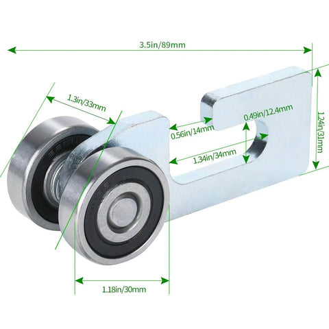 Effortlessly move heavy loads with this 2-wheel strut trolley kit for 1-5/8 inch channels showing measurements and rubber-sealed bearings.