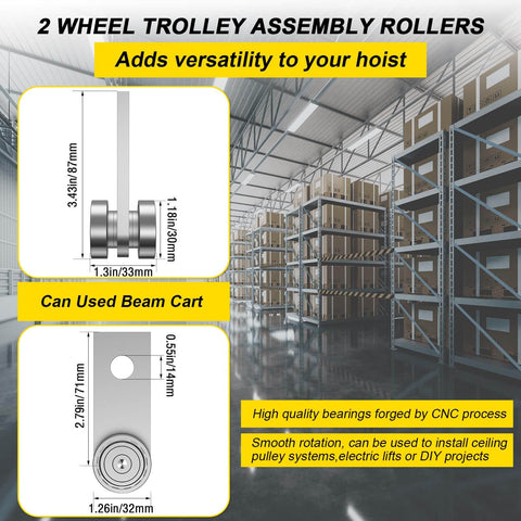 2 Wheel Trolley Assembly Rollers with Dual Bearings Hot Rolled Steel Construction Galvanized for Rust Resistance in warehouse setting