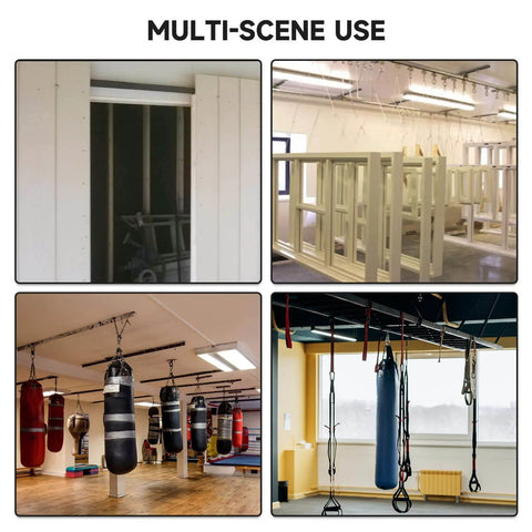 Multiple scenes showing 2 Wheel Trolley Assembly Rollers with Dual Bearings for 1-5/8 Inch & Taller Strut Channel in various settings.