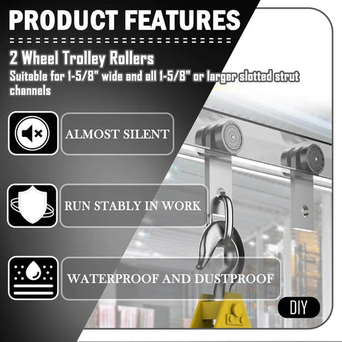 2 Wheel Heavy Duty Trolley Assembly for 1-5/8 Inch Strut Channel in use on sliding rail, highlighting features: silent, stable, waterproof.