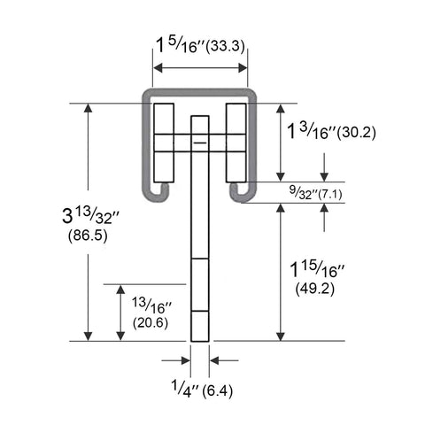 Technical diagram of 2 Wheel Trolley Assembly Rollers with Dual Bearings for 1-5/8 Inch & Taller Strut Channel dimensions and specifications.