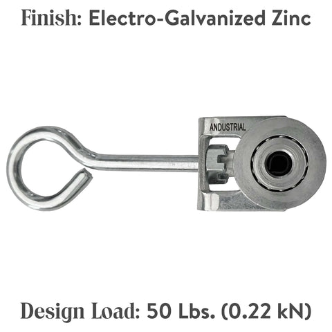 2 Wheels Trolley Assembly Rollers with Eye Hook Loop Silver Electro Galvanized Zinc Finish side view