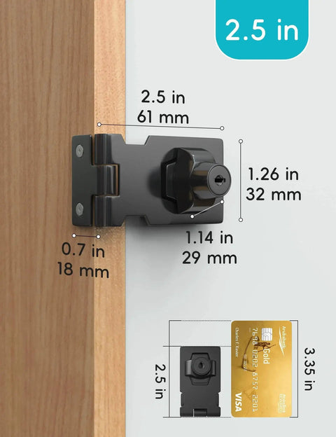 2.5 Inch Keyed Hasp Lock For Cabinets And Small Doors With Twist Knob Design displaying size dimensions
