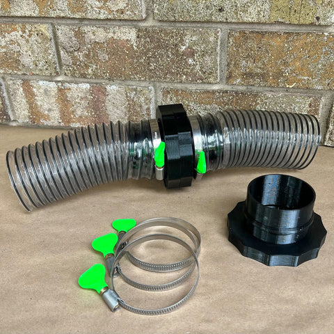 2.5" MagDuct dust-collection starter kit: corrugated metal duct, magnetic port coupler, green levers, hose clamps, end cap
