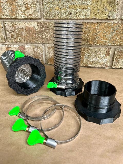 2.5-inch MagDuct System components: corrugated duct, magnetic port fittings, black end caps, green hose clamps