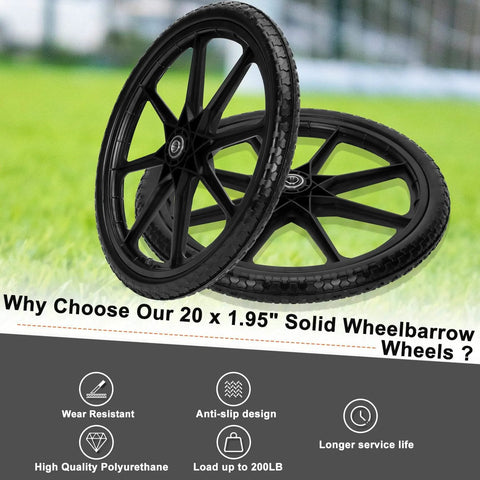 20 Inch Flat Free Wheels Compatible with Rubbermaid Wheelbarrow Tires, close-up view highlighting design and material.