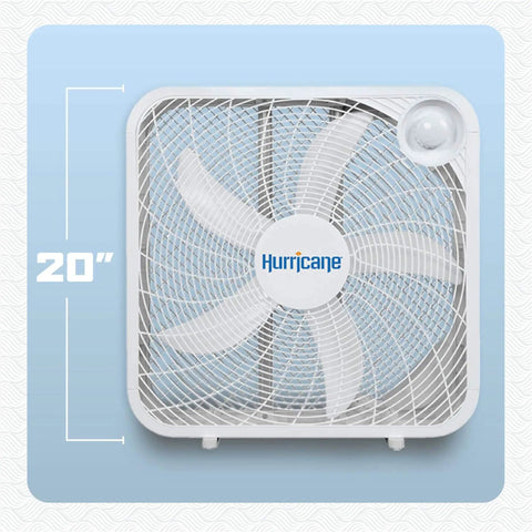 Front view of Heavy Duty 20 Inch Box Fan With 3 Quiet Speeds For Home Garage Office And Bedroom Delivering 2400 CFM Airflow And 1100 RPM Corded Portable Floor Mount Cooling For Basement And Living Spaces From Hurricane