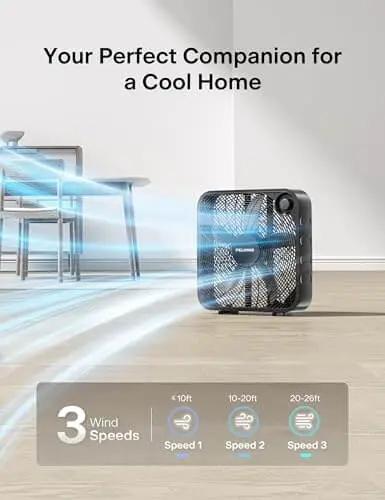 Go To Box Fan For Bedroom And Living Areas With 3 Speed Settings And 2295 CFM Airflow in a room, showing airflow and control panel.