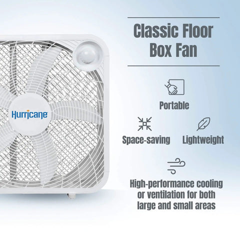Heavy Duty 20 Inch Box Fan With 3 Quiet Speeds For Home Garage Office And Bedroom Delivering 2400 CFM Airflow And 1100 RPM Corded Portable Floor Mount Cooling For Basement And Living Spaces From Hurricane