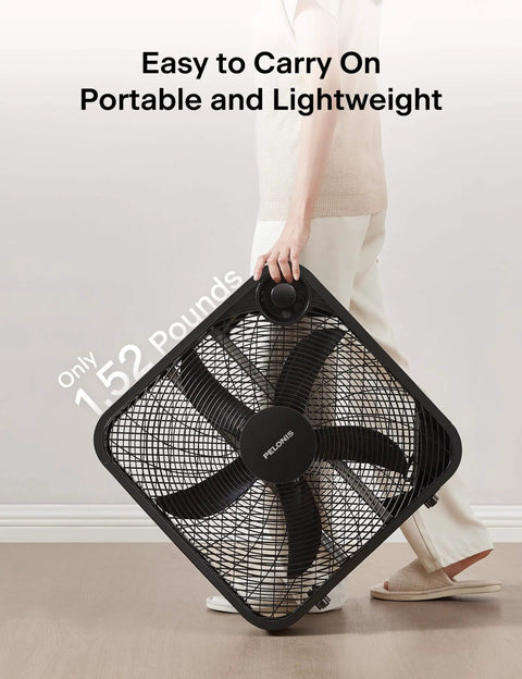 Person carrying Go To Box Fan For Bedroom And Living Areas With 3 Speed Settings And 2295 CFM Airflow, Lightweight 5 Blade Design