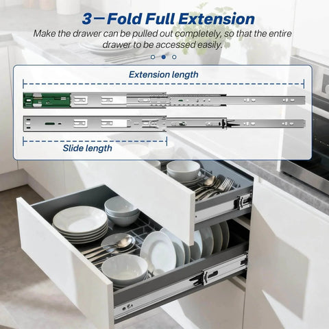 Open kitchen drawer with dishes, showcasing 6 Pairs Soft Close Drawer Slides 20 Inch, Full Extension Heavy Duty Ball Bearing Cabinet Rails.