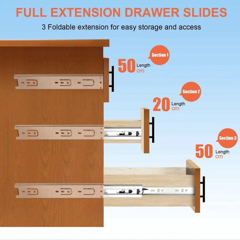 Illustration of 20 Inch Full Extension Ball Bearing Drawer Slides, 3 fold design, side mount installation with measurement details.