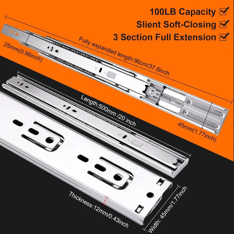 20 Inch Soft Close Drawer Slides Set Six Pairs With Full Extension Ball Bearing Glides Side Mount for Dresser Cabinet and Kitchen 100 Pound Capacity Silver Finish