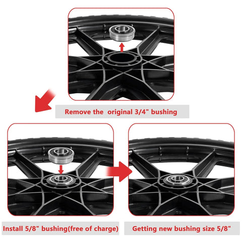 20 Inch Flat Free Tire Cart Wheels Replacement showing installation process for 3/4" and 5/8" bearings on solid rubber wheel.