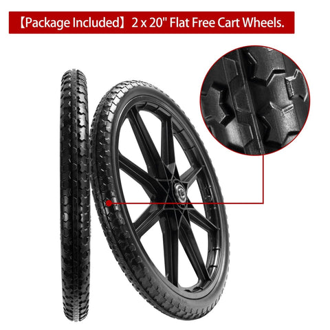 20 Inch Flat Free Cart Wheels 2 Pack Compatible with Rubbermaid Wheelbarrow Wheels, black solid tires with tread detail.