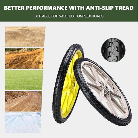 20 Inch Flat Free Tire and Wheel Set of 2 in yellow showcasing anti-slip tread for various complex roads.