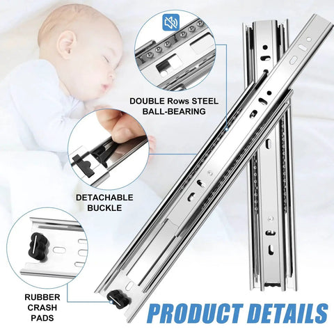 20 Inch Full Extension Ball Bearing Drawer Slides, 4 Pairs Side Mount 3 Fold Metal Dresser Runners, 100 LB Capacity, Silver Finish