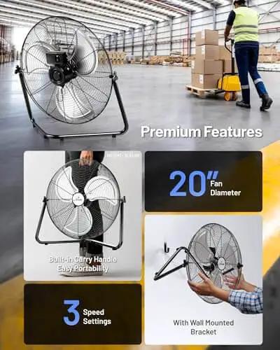 20 Inch Heavy Duty Floor And Wall Mount Fan For Industrial Cooling With 5750 CFM High Velocity Three Speed And 360 Degree Tilt Head Black UL Listed For Garage Workshop Office And Home