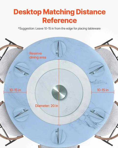 Top view of a 20 Inch Glass Lazy Susan Turntable on a dining table with spacing guide, ideal for family gatherings.