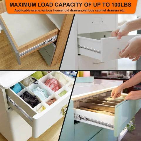 20 Inch Soft Close Drawer Slides Set Six Pairs With Full Extension Ball Bearing Glides Side Mount for Dresser Cabinet and Kitchen 100 Pound Capacity Silver Finish Includes Mounting Screws For Quiet Smooth Operation installed in various drawer types