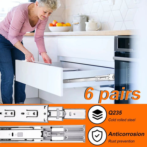Woman installing 20 Inch Soft Close Drawer Slides Set Six Pairs With Full Extension Ball Bearing Glides Side Mount for Dresser Cabinet and Kitchen