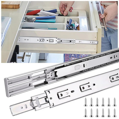 20 Inch Soft Close Drawer Slides Set Six Pairs With Full Extension Ball Bearing Glides Side Mount for Dresser Cabinet and Kitchen 100 Pound Capacity Silver Finish Includes Mounting Screws For Quiet Smooth Operation shown installed in drawer