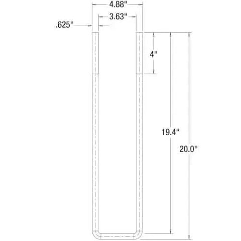 Diagram showing dimensions of a 20-inch square bend U-bolt, part of the Secure your truck box with a complete 20 inch square bend U Bolt kit.