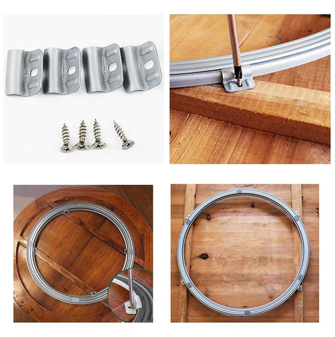 Components and installation of 20 Inch Heavy Duty Steel Lazy Susan Turntable Bearing, with round swivel plate base and screws.