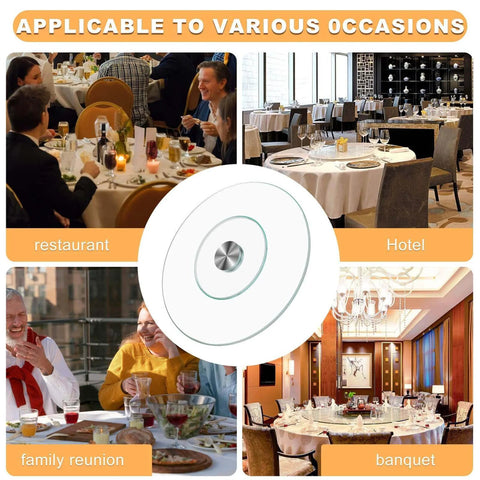 20 inch tempered glass lazy susan turntable with silent rotation, serving tray displayed in restaurant and banquet settings.