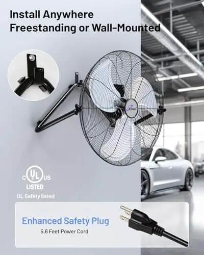 20 Inch Heavy Duty Floor And Wall Mount Fan For Industrial Cooling With 5750 CFM High Velocity Three Speed And 360 Degree Tilt Head Black UL Listed For Garage Workshop Office And Home shown wall-mounted in a garage setting with enhanced safety plug.