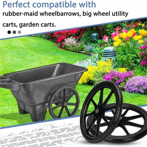 20 Inch Flat Free Wheels Compatible with Rubbermaid Wheelbarrow Tires next to a wheelbarrow on a grassy garden.