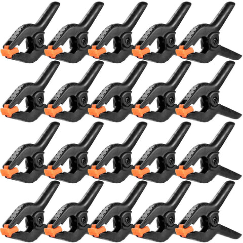 20-pack 3.5-inch plastic spring clamps, black with orange jaws, for crafts, woodworking, and photography backdrops