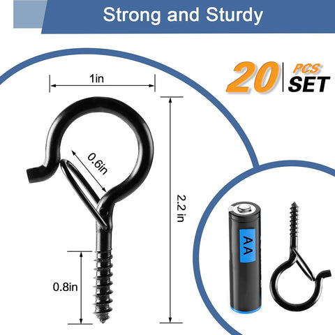 20-pack strong hook dimensions compared to AA battery, highlighting 2.2 inch length and 0.6 inch ring, shown as strong and sturdy.