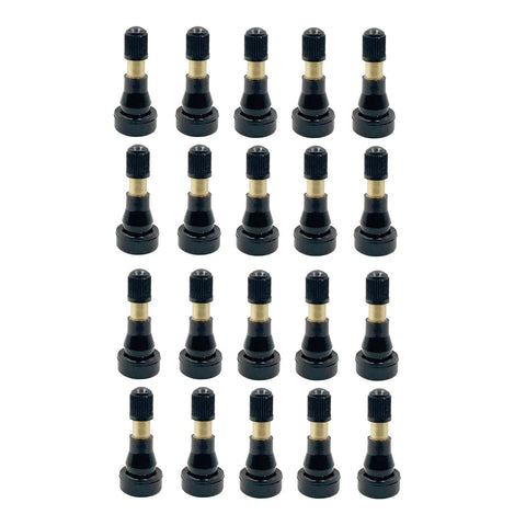 Front view: 20-pack Ulifebet TR600HP tire valve stems, black bases with brass bodies for tubeless tires