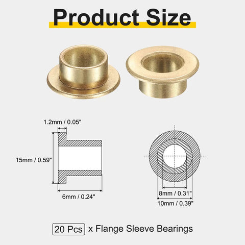 Image showing 20 Pcs Flange Sleeve Bearings Set With 8mm Bore 10mm OD 6mm Length 15mm Flange Diameter And 1.2mm Flange Thickness Self Lubricating Sintered Bronze Bushing dimensions