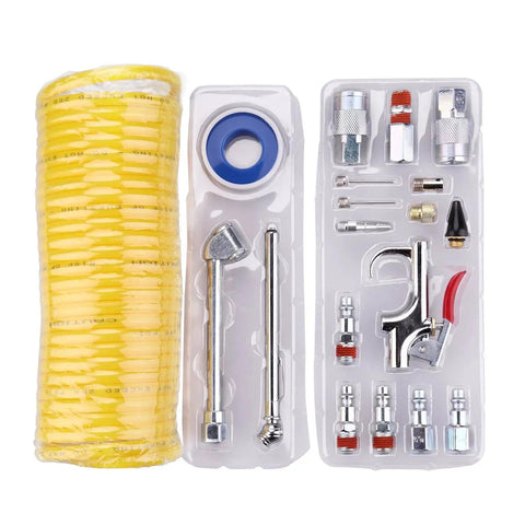 20-Piece 1/4 Inch NPT Air Tool Kit with a 25 ft coil nylon hose and tire gauge delivers fast inflation, shown in packaging.