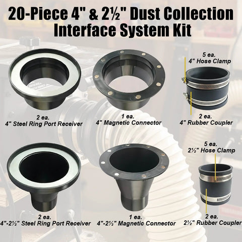 Dust collection fittings kit, 4" & 2.5" interfaces; steel ring port receivers, magnetic connectors, rubber couplers, hose clamps.