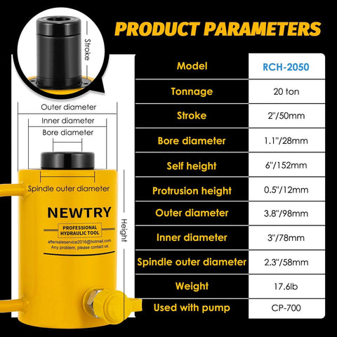 Product parameters for 20 ton Hydraulic Hollow Jack Cylinder 2’’ Stroke Porta Power Ram with dimensions and specifications shown.